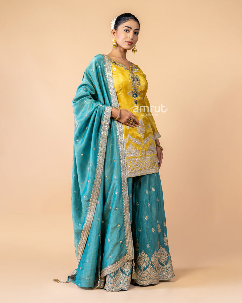 Yellow and Teal Palazzo Suit Set