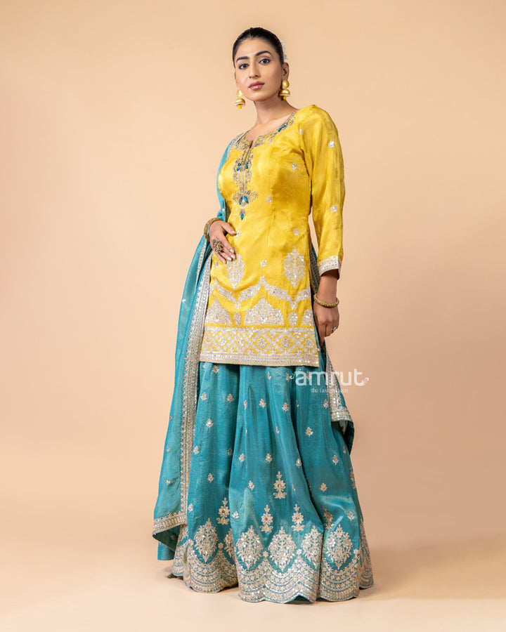 Yellow and Teal Palazzo Suit Set