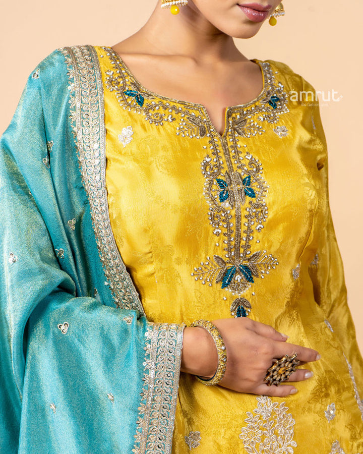 Yellow and Teal Palazzo Suit Set