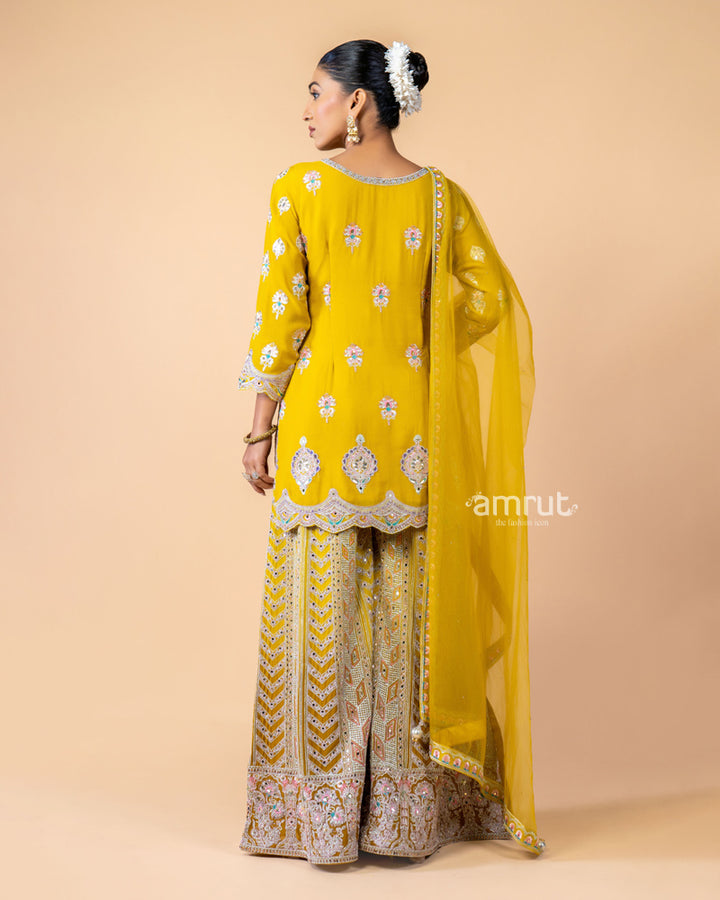 Yellow hand Embroidered Palazzo Set with a Net Dupatta