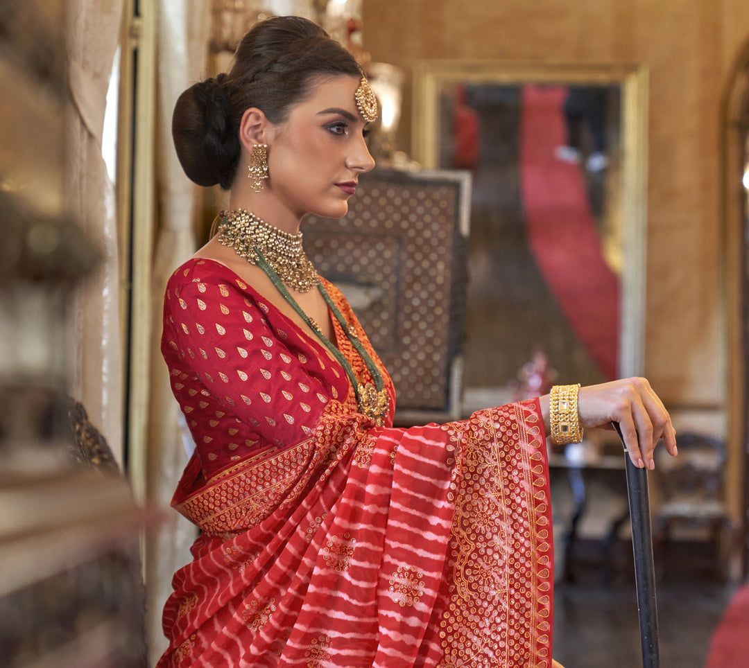 Royal Kesari Orange Leheriya Pattern Georgette Designer Saree