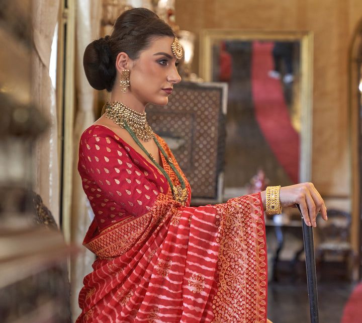 Royal Kesari Orange Leheriya Pattern Georgette Designer Saree