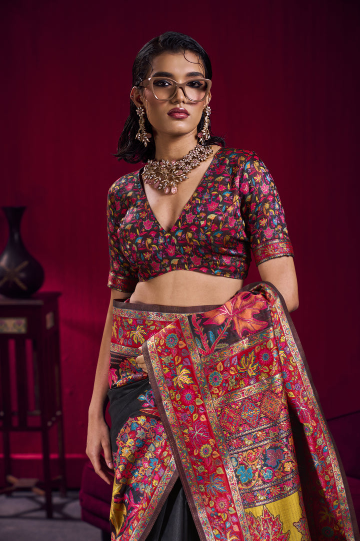 Black Kashmiri Modal Pashmina Saree with Multicolor Floral Weaving