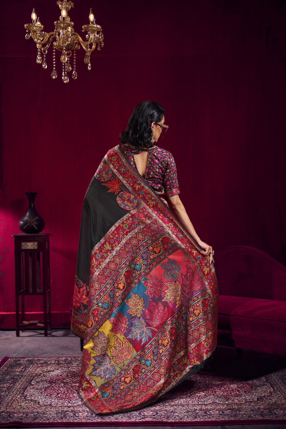 Black Kashmiri Modal Pashmina Saree with Multicolor Floral Weaving