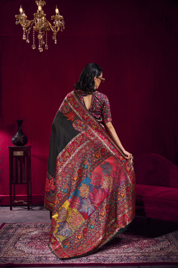 Black Kashmiri Modal Pashmina Saree with Multicolor Floral Weaving