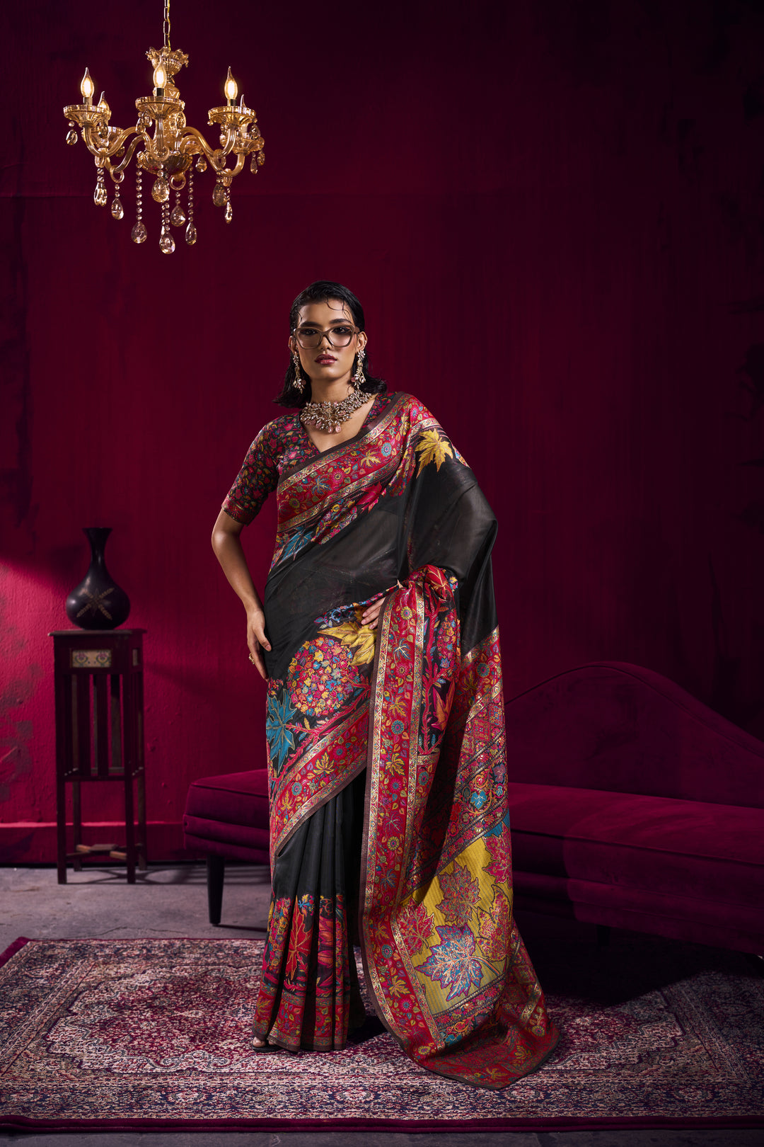 Black Kashmiri Modal Pashmina Saree with Multicolor Floral Weaving