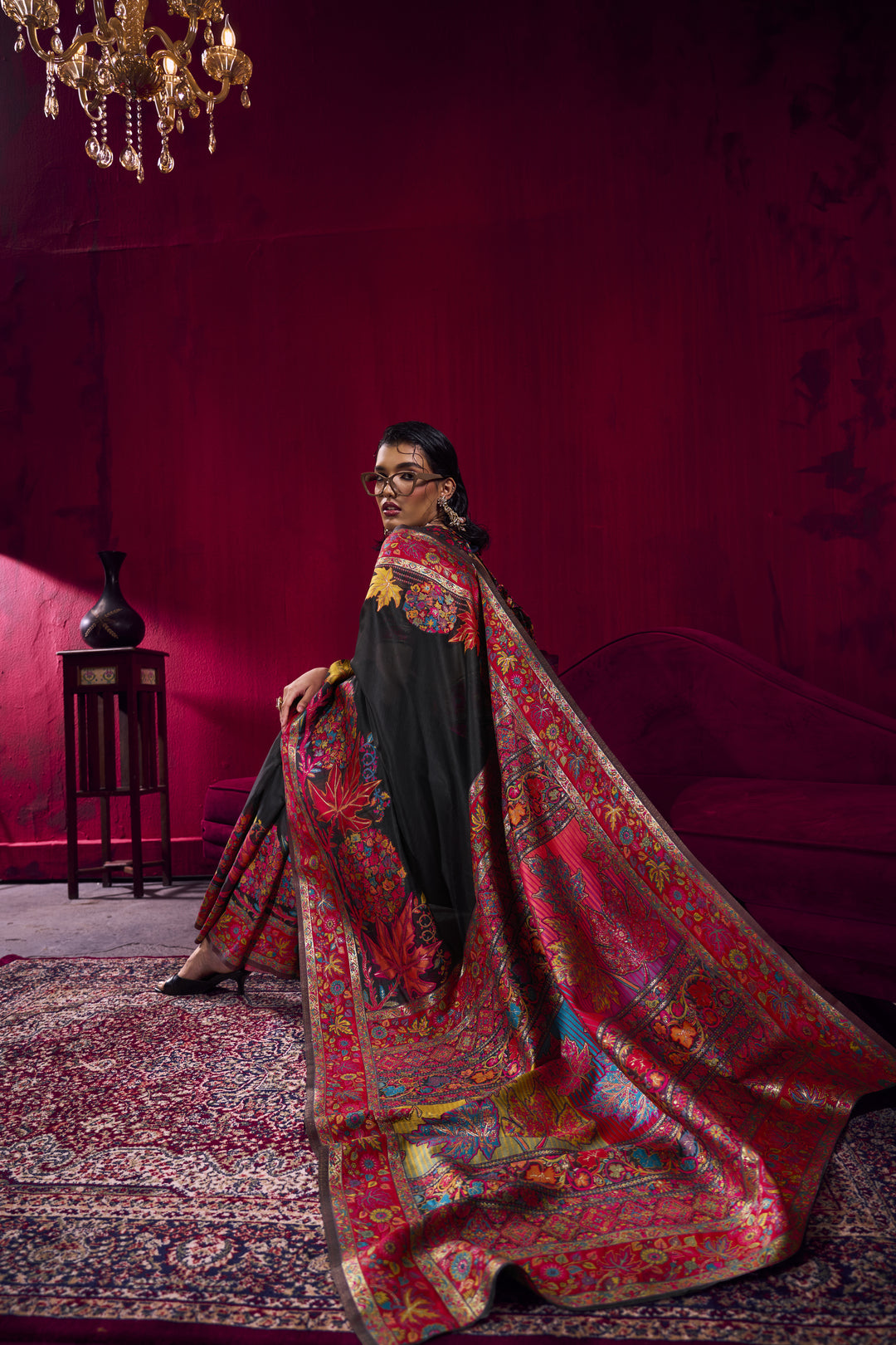 Black Kashmiri Modal Pashmina Saree with Multicolor Floral Weaving