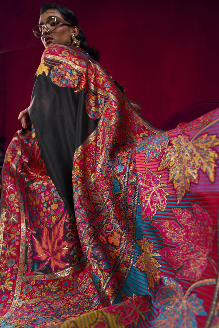 Black Kashmiri Modal Pashmina Saree with Multicolor Floral Weaving