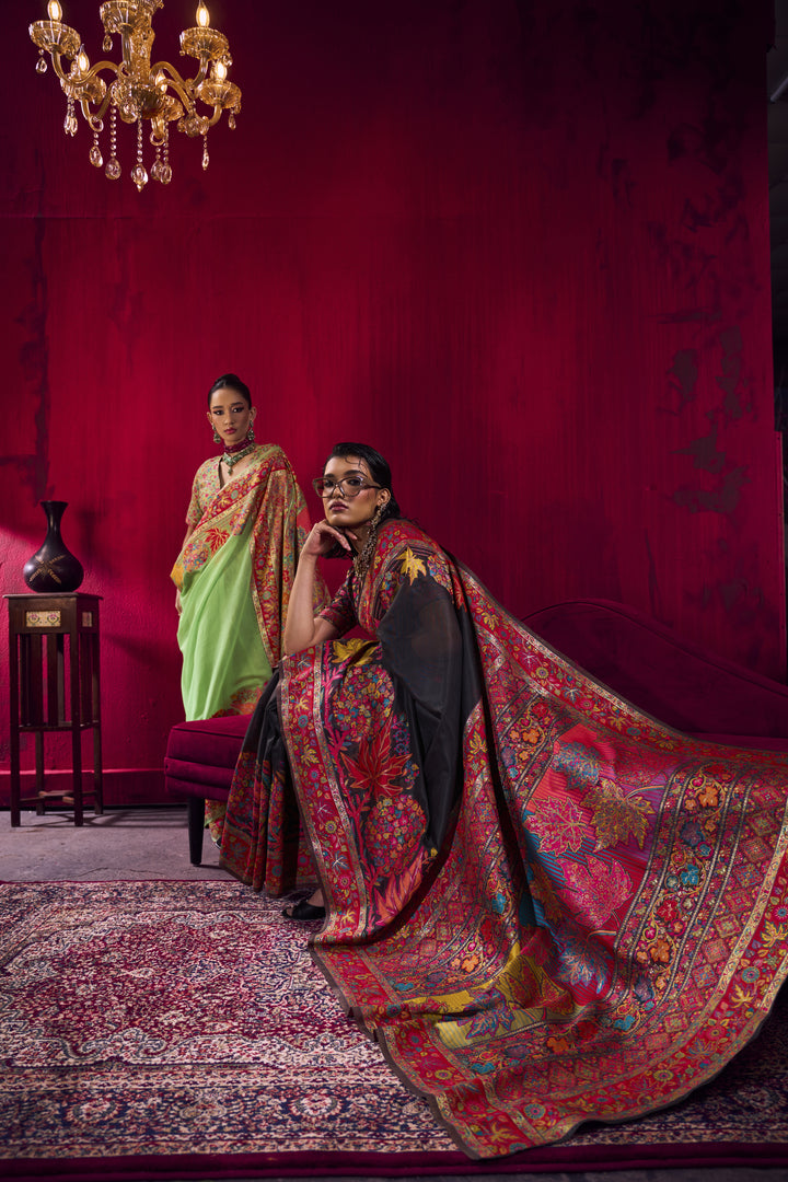 Black Kashmiri Modal Pashmina Saree with Multicolor Floral Weaving