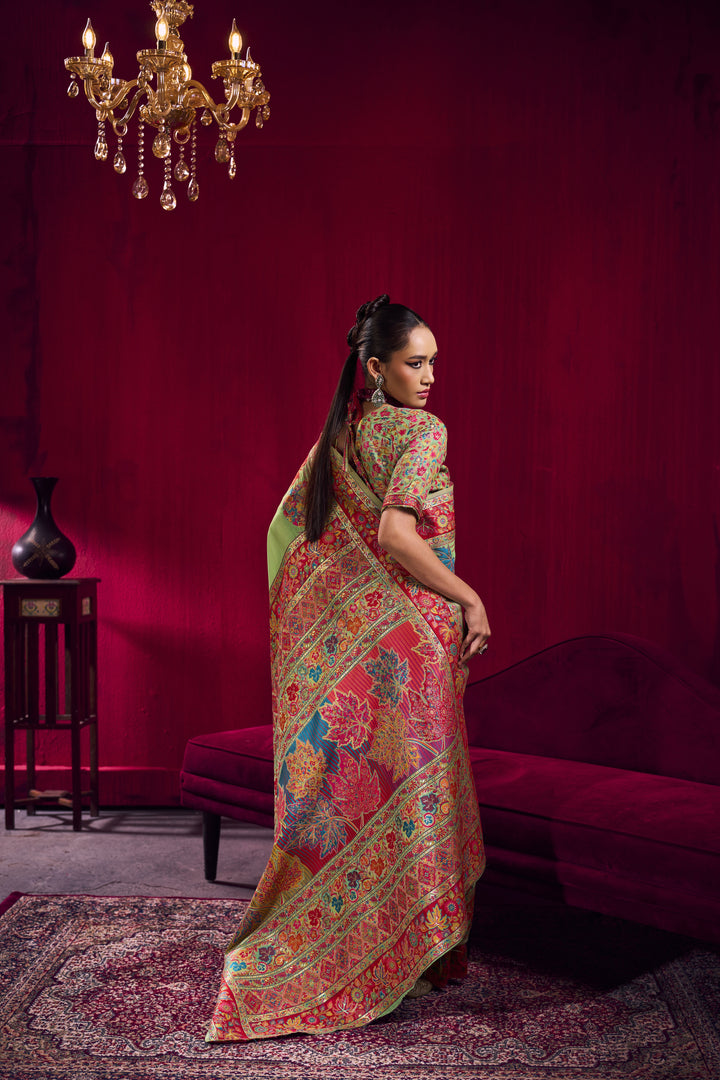 Mehendi Green Kashmiri Modal Pashmina Saree with Multicolor Floral Weaving