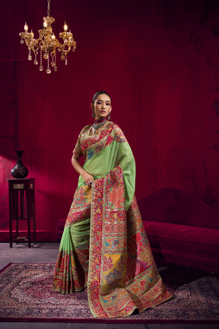 Mehendi Green Kashmiri Modal Pashmina Saree with Multicolor Floral Weaving