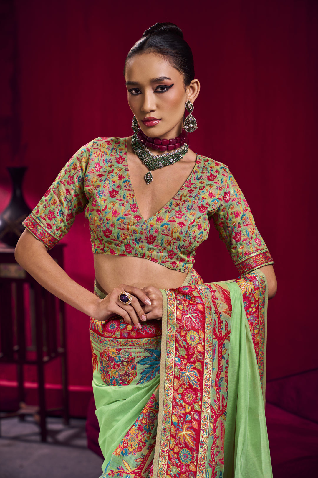 Mehendi Green Kashmiri Modal Pashmina Saree with Multicolor Floral Weaving