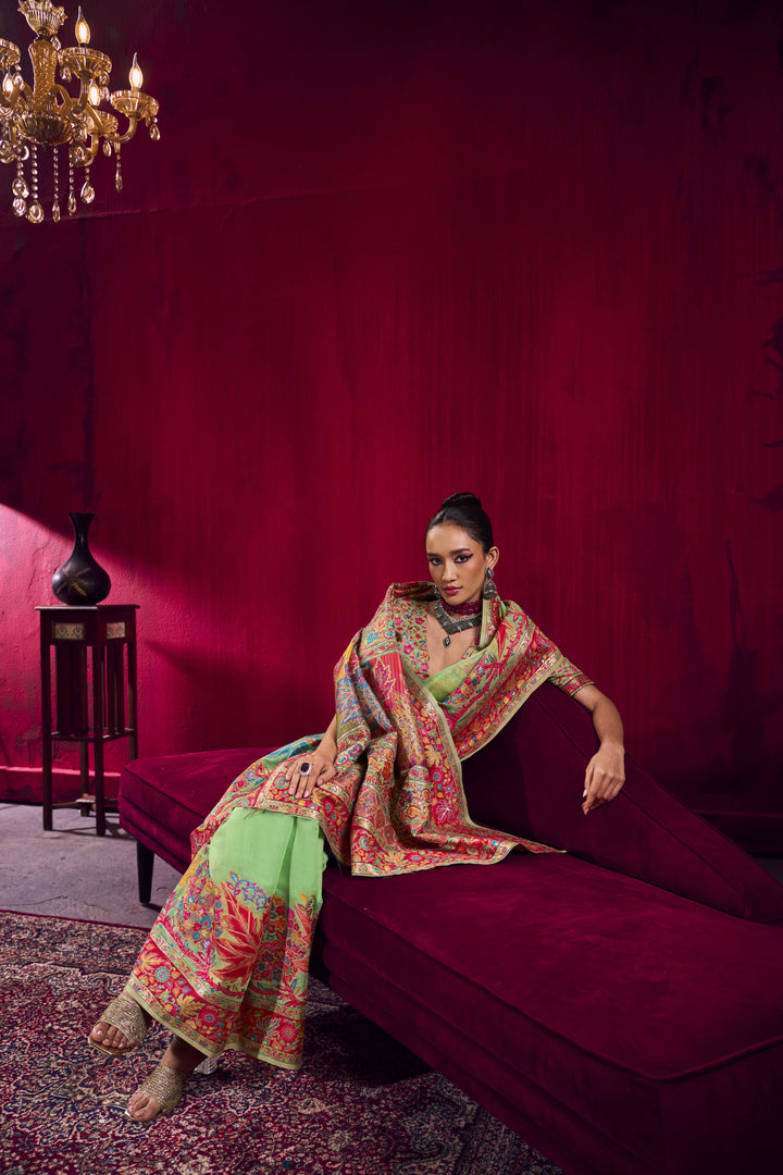Mehendi Green Kashmiri Modal Pashmina Saree with Multicolor Floral Weaving