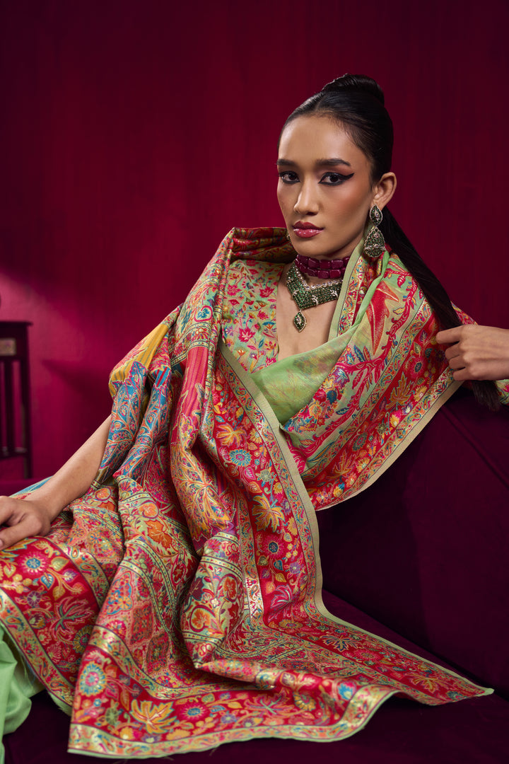 Mehendi Green Kashmiri Modal Pashmina Saree with Multicolor Floral Weaving