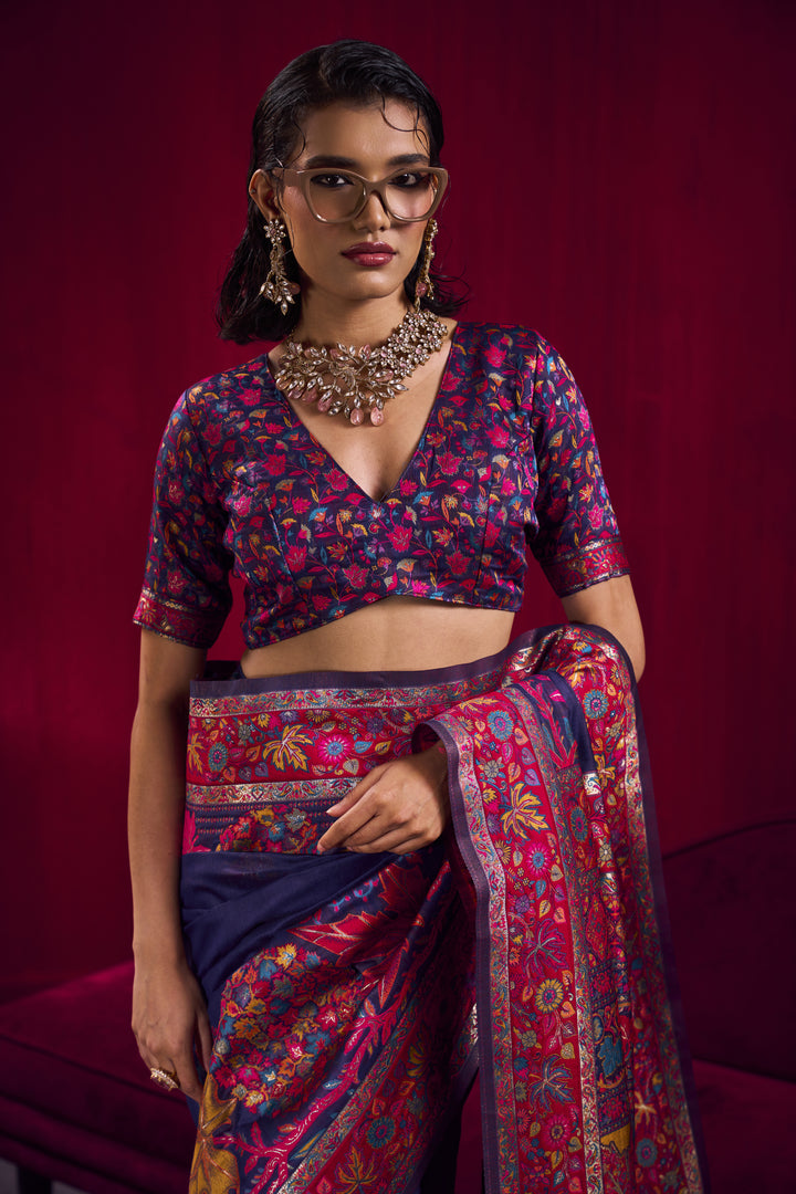 Royal Blue Kashmiri Modal Pashmina Saree with Multicolor Floral Weaving