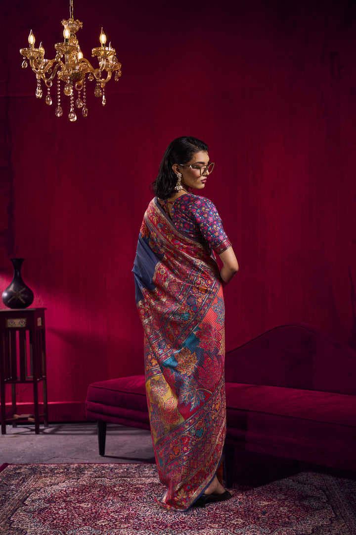 Royal Blue Kashmiri Modal Pashmina Saree with Multicolor Floral Weaving