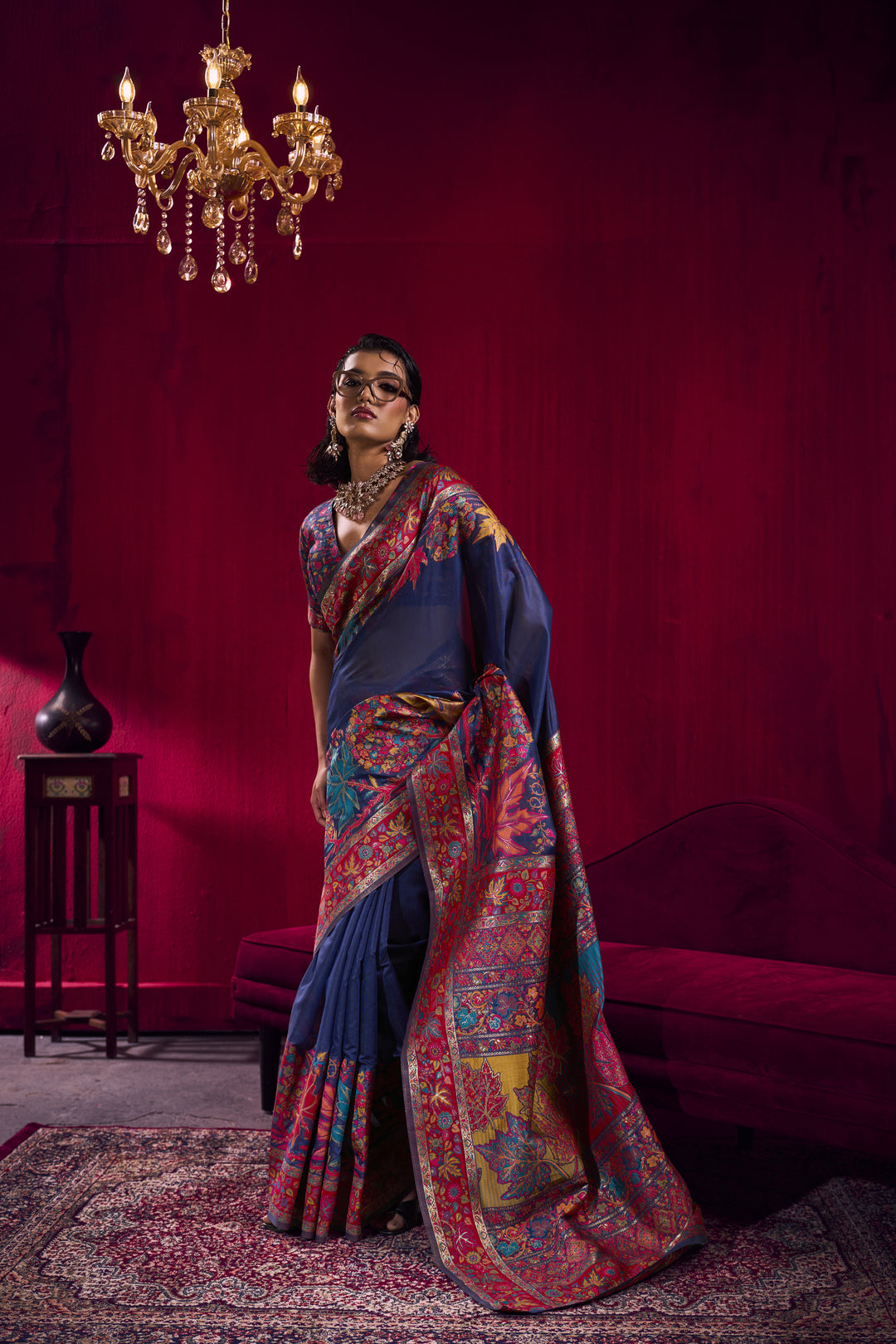 Royal Blue Kashmiri Modal Pashmina Saree with Multicolor Floral Weaving
