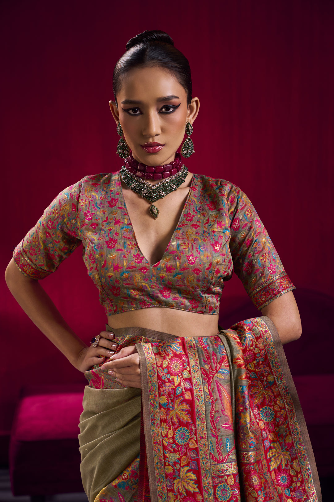 Golden Beige Kashmiri Modal Pashmina Saree with Multicolor Floral Weaving