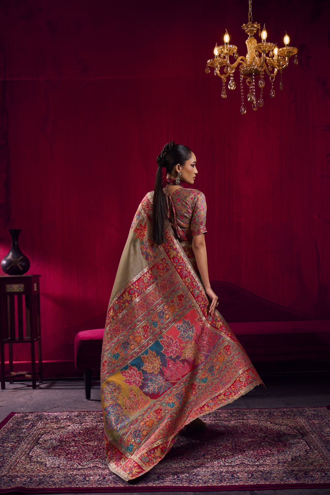 Golden Beige Kashmiri Modal Pashmina Saree with Multicolor Floral Weaving