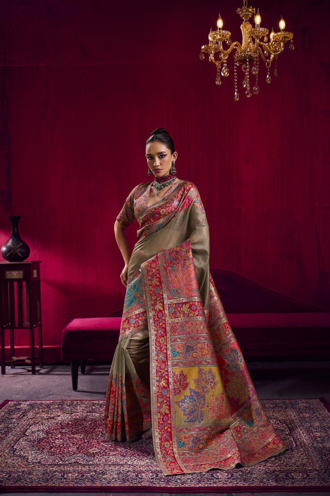 Golden Beige Kashmiri Modal Pashmina Saree with Multicolor Floral Weaving