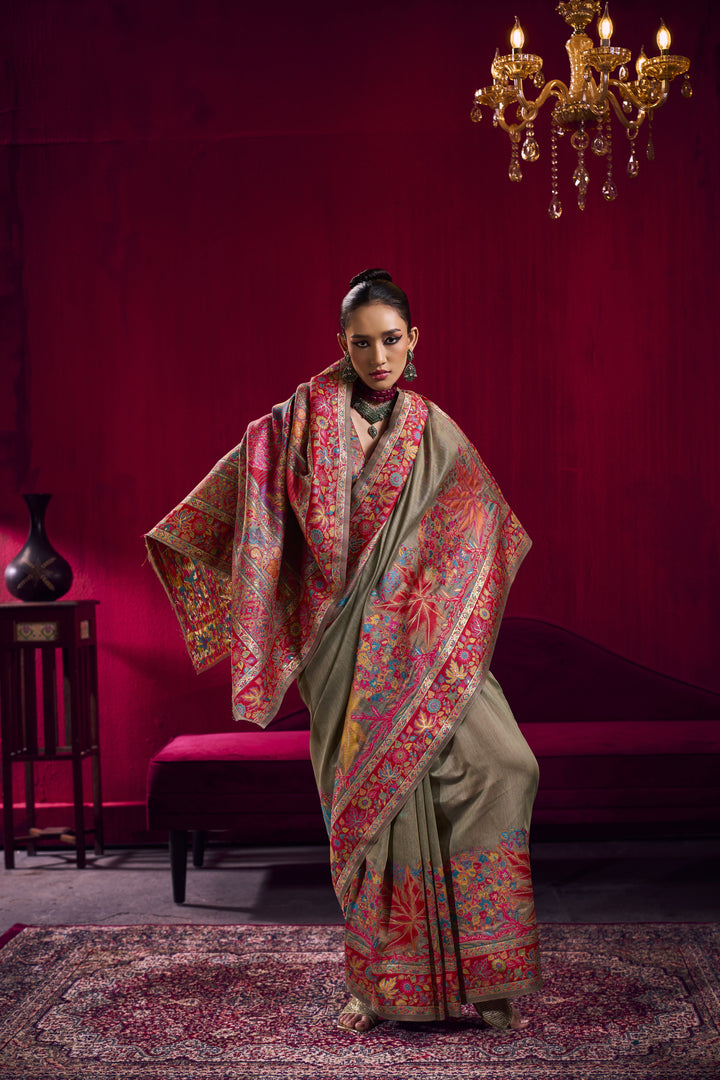 Golden Beige Kashmiri Modal Pashmina Saree with Multicolor Floral Weaving
