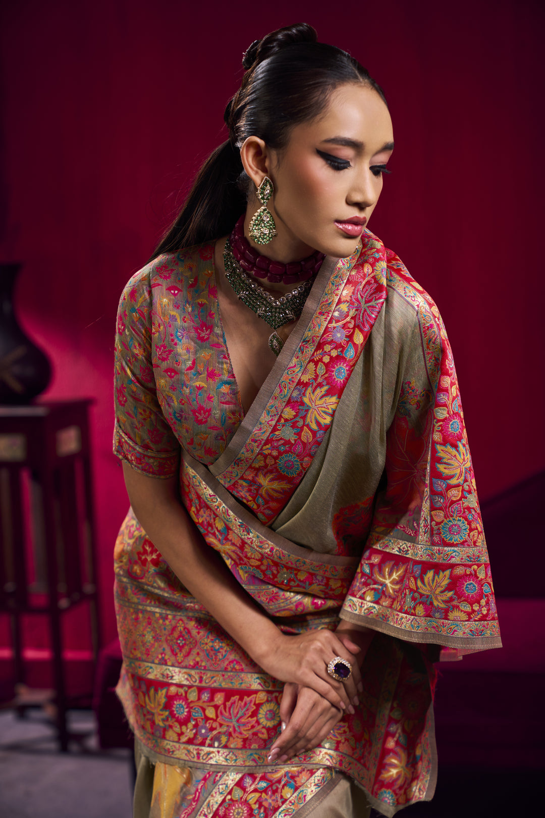 Golden Beige Kashmiri Modal Pashmina Saree with Multicolor Floral Weaving