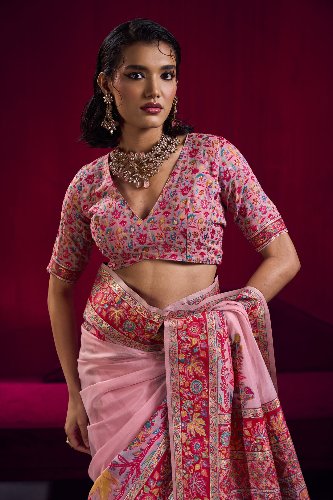 Blush Pink Kashmiri Modal Pashmina Saree with Multicolor Floral Weaving