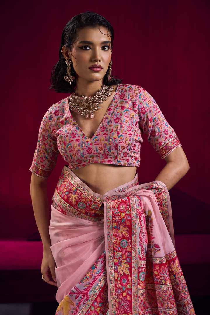 Blush Pink Kashmiri Modal Pashmina Saree with Multicolor Floral Weaving