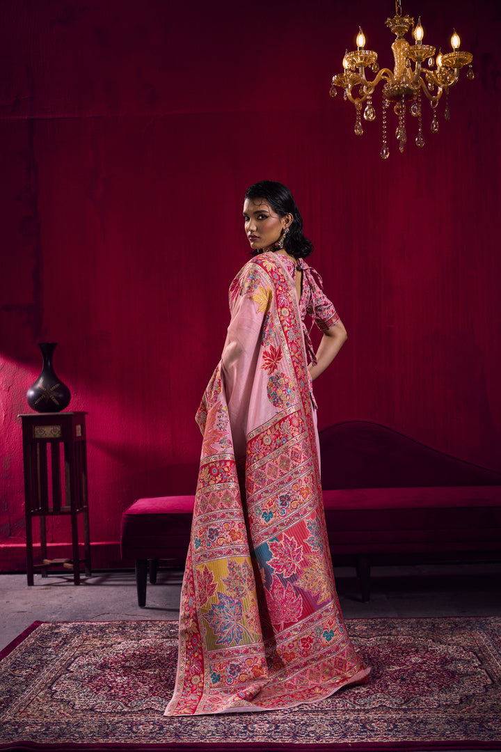 Blush Pink Kashmiri Modal Pashmina Saree with Multicolor Floral Weaving