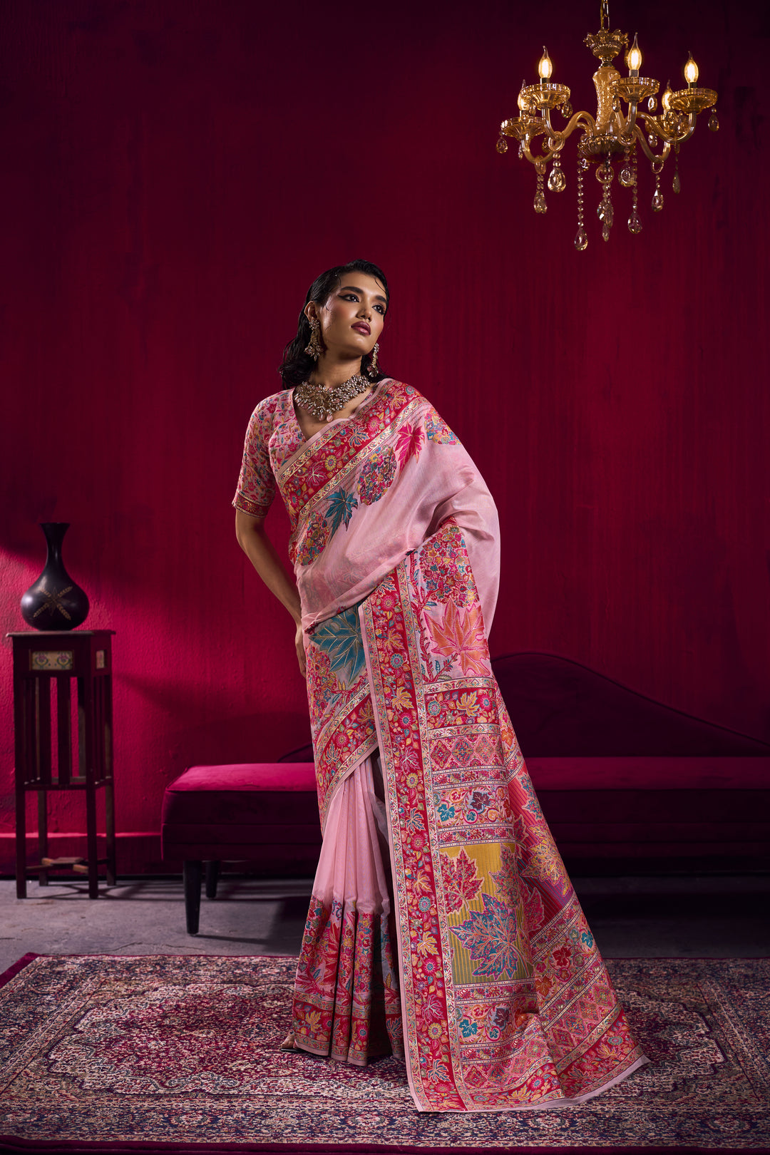 Blush Pink Kashmiri Modal Pashmina Saree with Multicolor Floral Weaving
