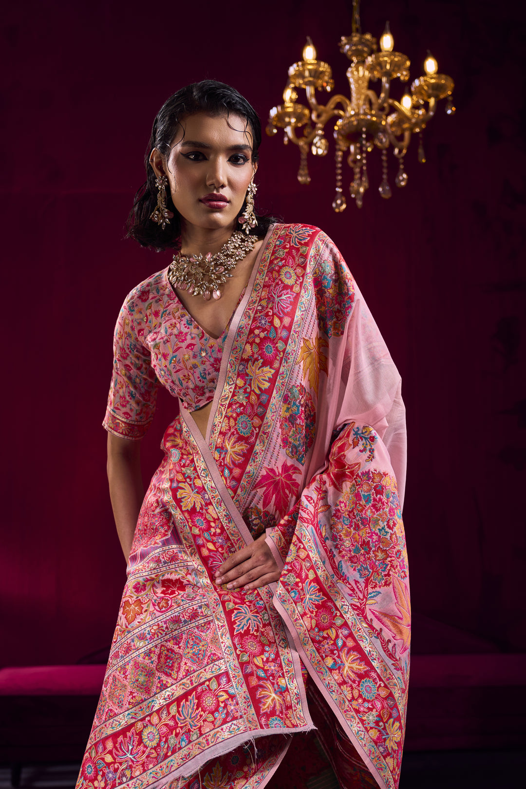 Blush Pink Kashmiri Modal Pashmina Saree with Multicolor Floral Weaving