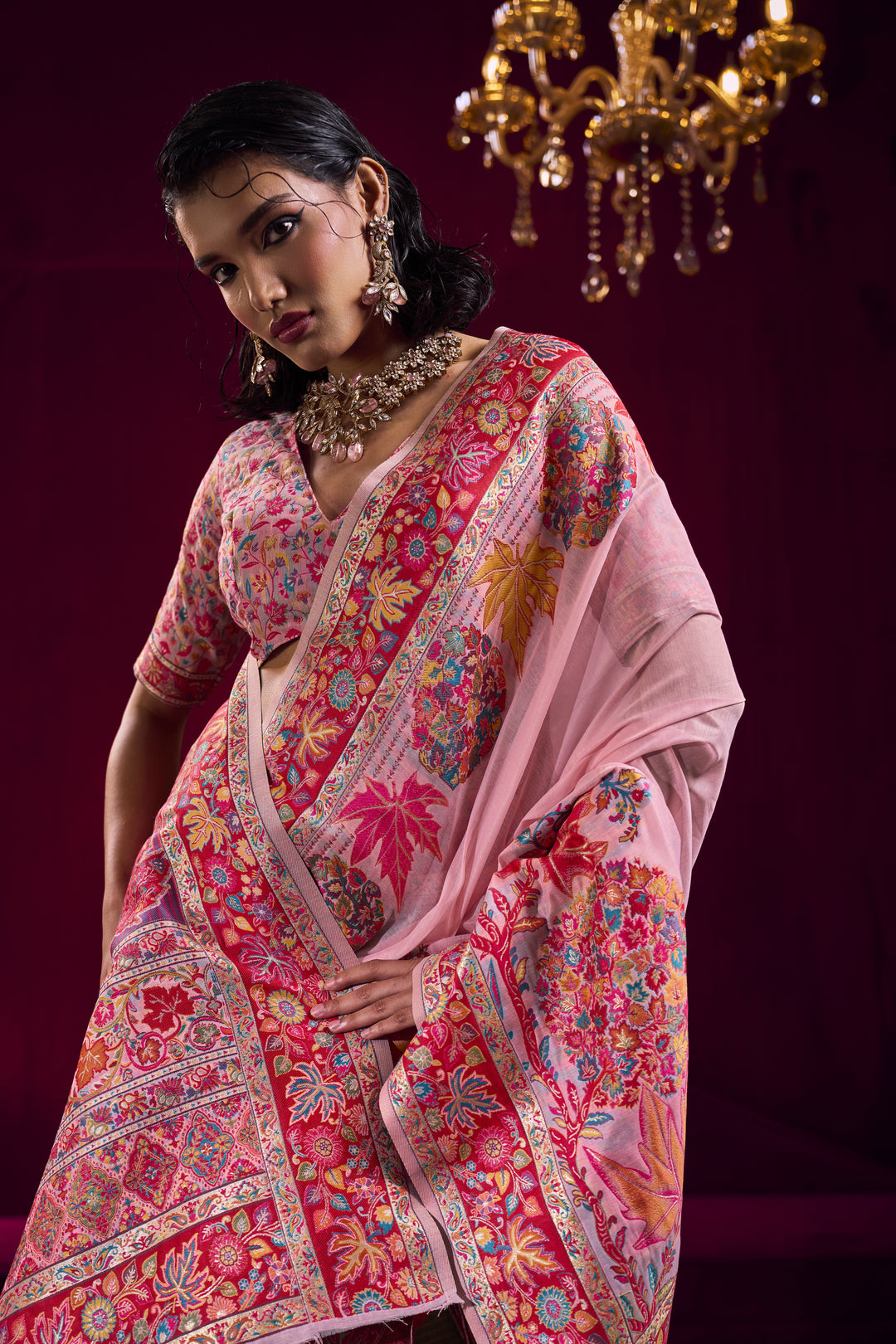 Blush Pink Kashmiri Modal Pashmina Saree with Multicolor Floral Weaving