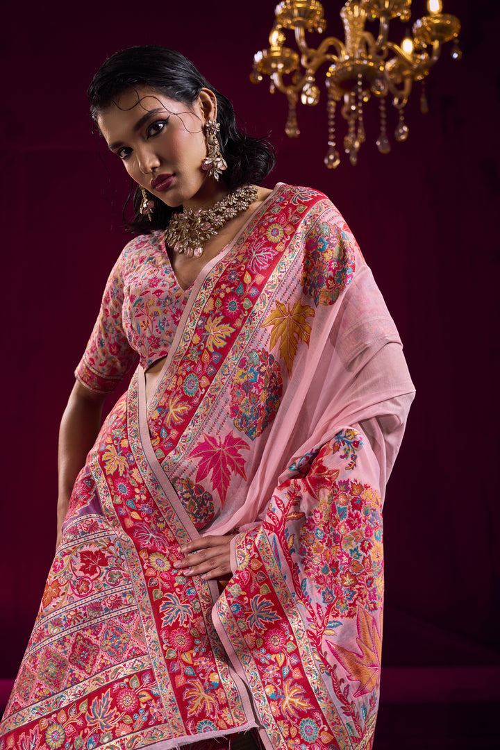 Blush Pink Kashmiri Modal Pashmina Saree with Multicolor Floral Weaving