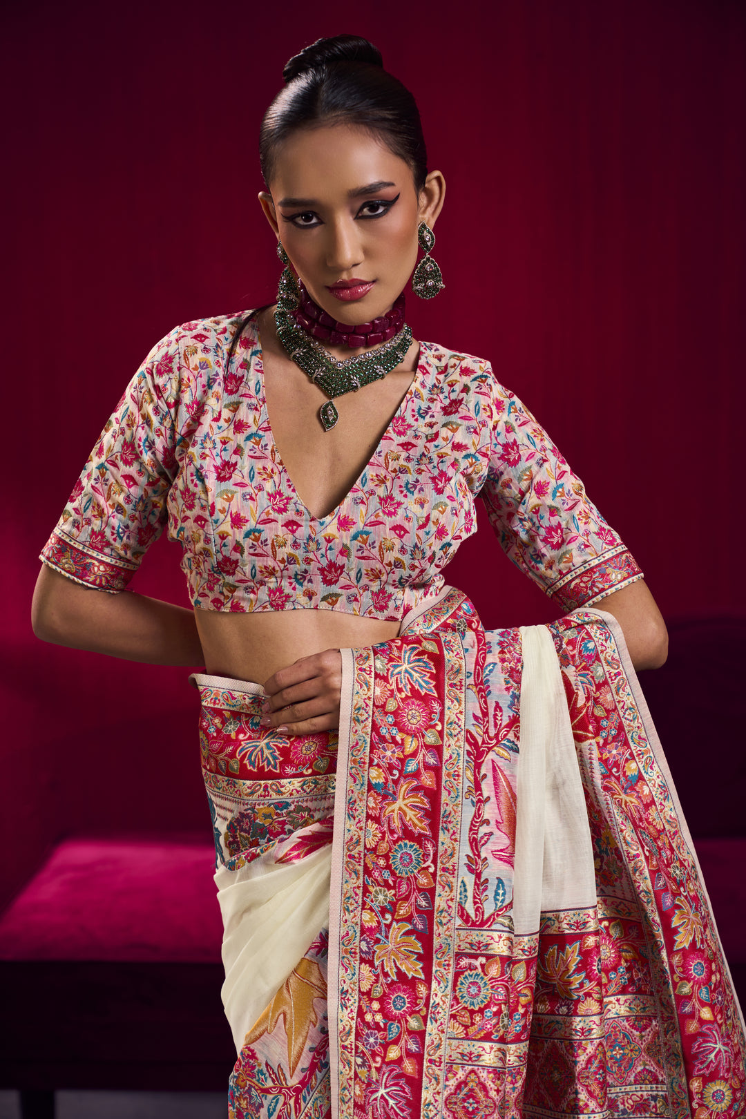 Ivory White Kashmiri Modal Pashmina Saree with Multicolor Floral Weaving
