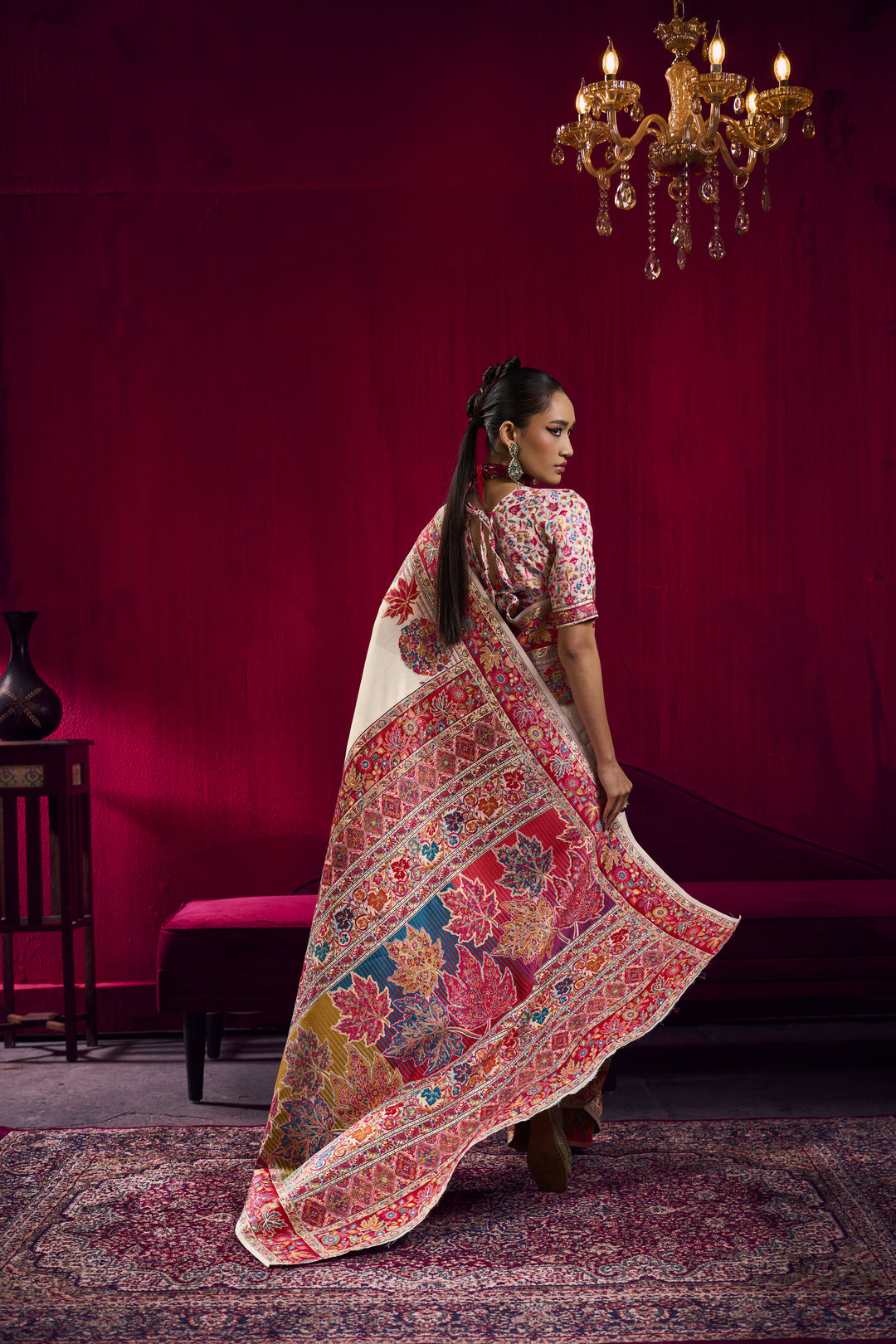 Ivory White Kashmiri Modal Pashmina Saree with Multicolor Floral Weaving