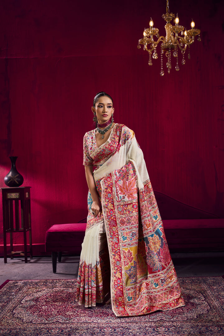 Ivory White Kashmiri Modal Pashmina Saree with Multicolor Floral Weaving