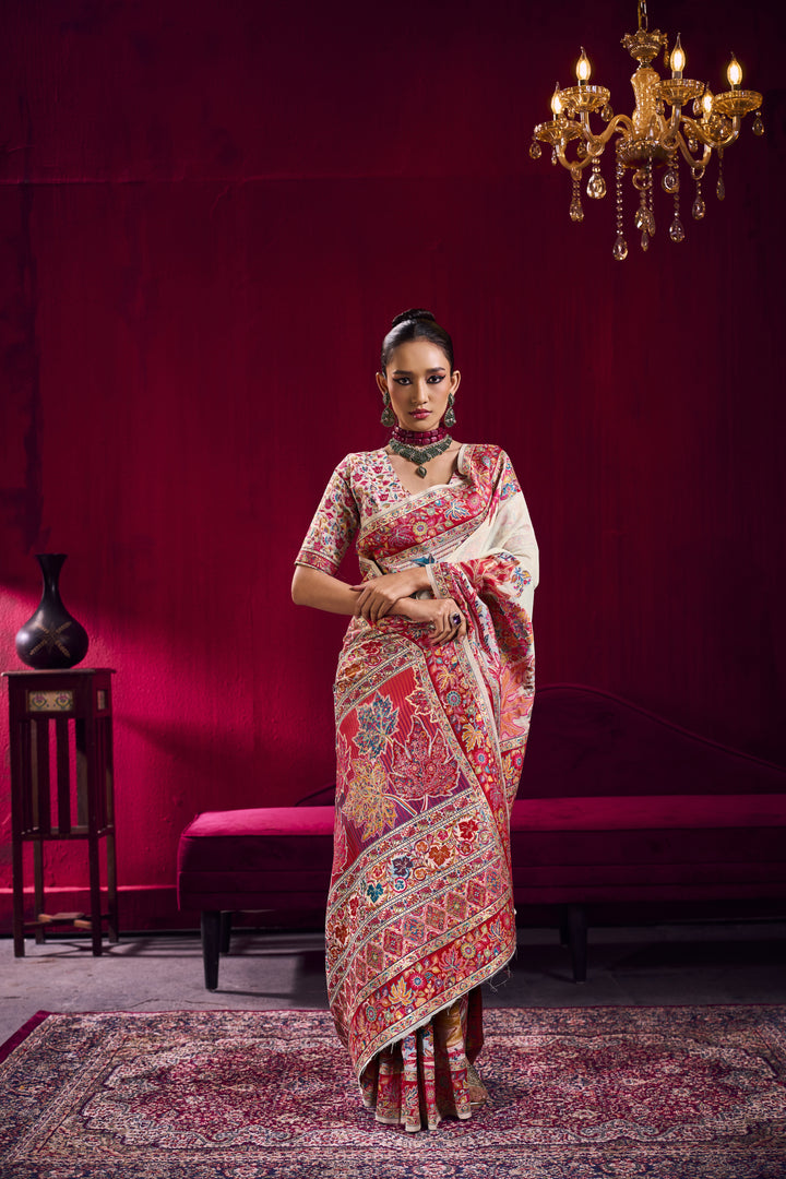 Ivory White Kashmiri Modal Pashmina Saree with Multicolor Floral Weaving