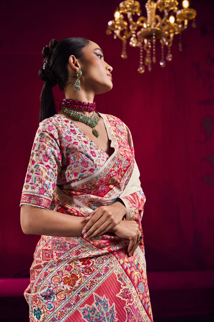 Ivory White Kashmiri Modal Pashmina Saree with Multicolor Floral Weaving