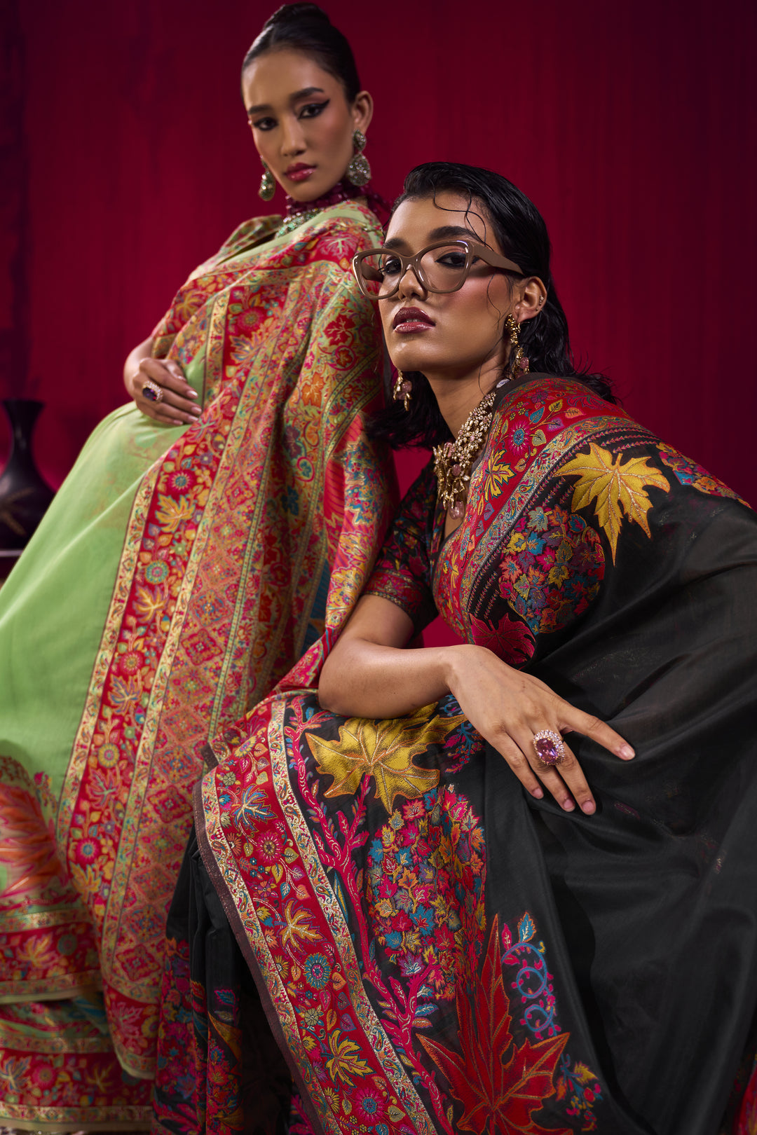 Black Kashmiri Modal Pashmina Saree with Multicolor Floral Weaving