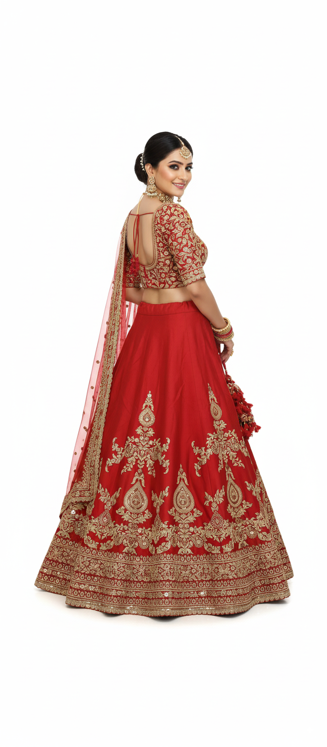 Classic Red Handcrafted Bridal Silk Lehenga with Antique Zari & Sequins Embroidery