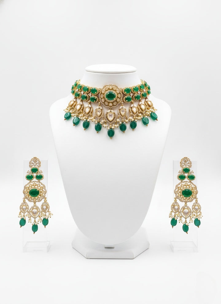 Emerald Green & Gold Kundan Bridal Choker Necklace Set with Heavy Earrings