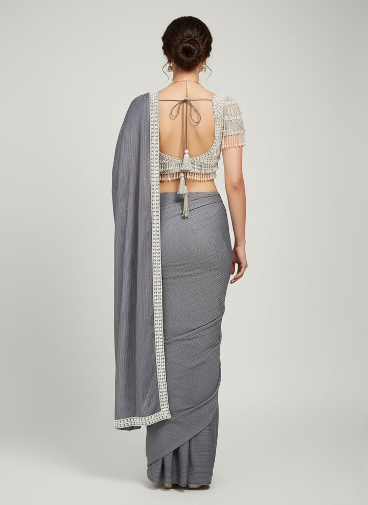 Elegant Grey Pleated Saree with Designer Pearl-Embellished Blouse