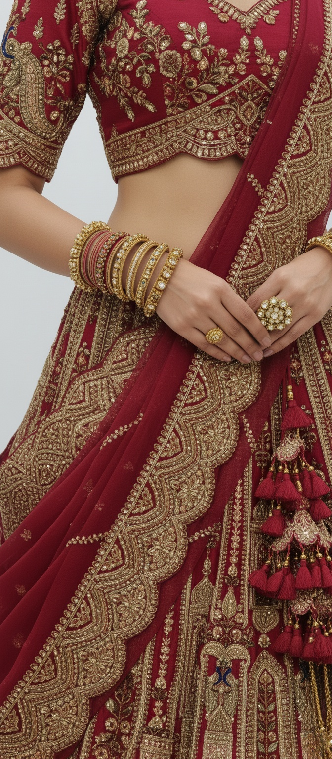 Deep Red Handcrafted Bridal Silk Lehenga with Heavy Zari & Sequins Embroidery