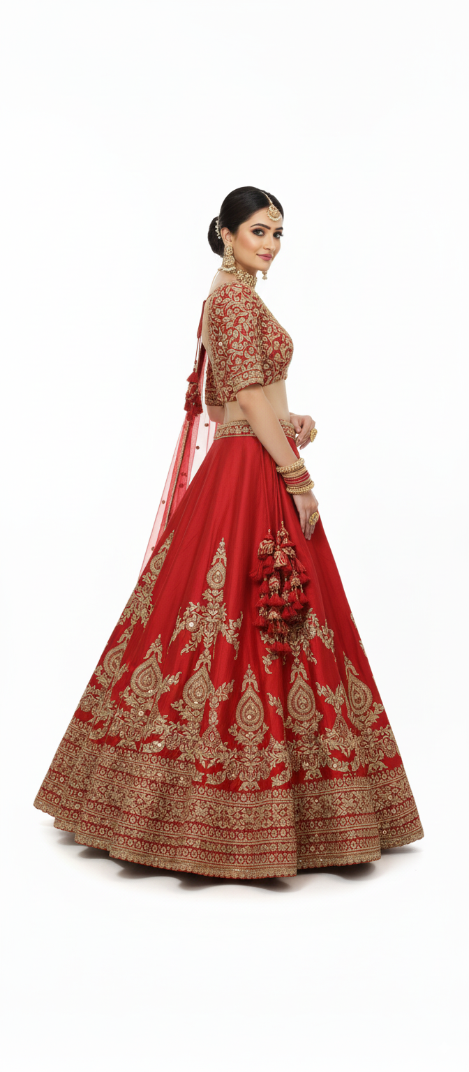 Classic Red Handcrafted Bridal Silk Lehenga with Antique Zari & Sequins Embroidery