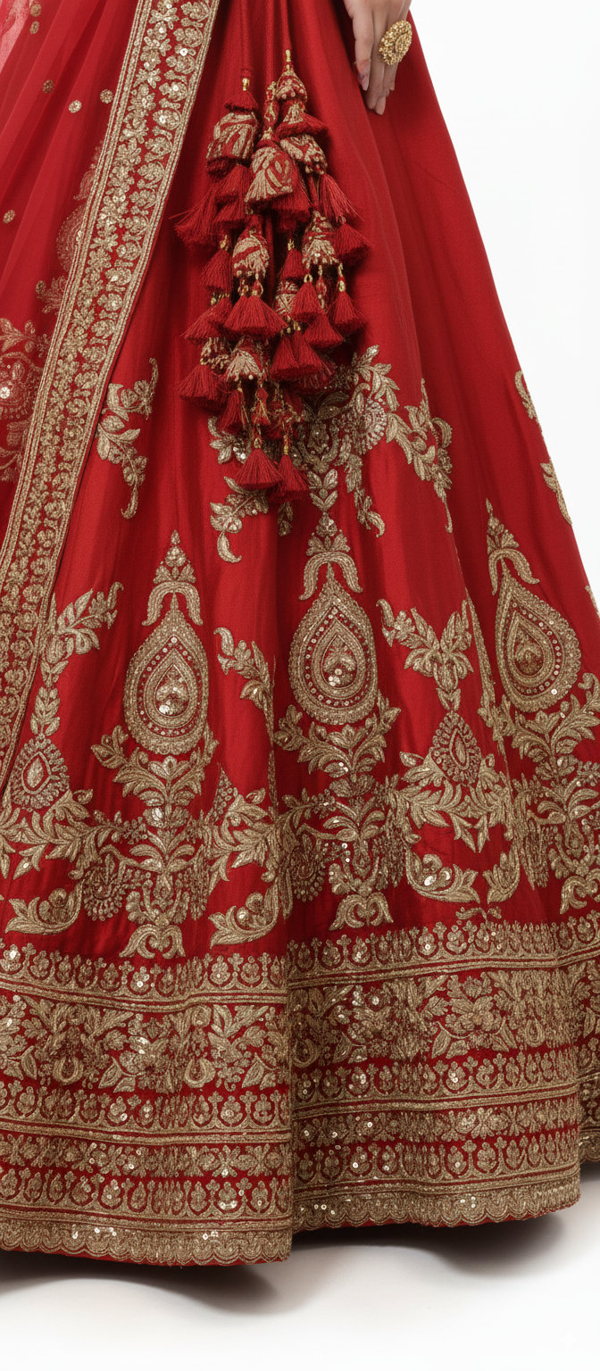 Classic Red Handcrafted Bridal Silk Lehenga with Antique Zari & Sequins Embroidery