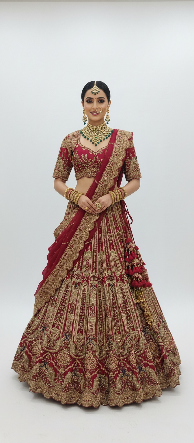 Deep Red Handcrafted Bridal Silk Lehenga with Heavy Zari & Sequins Embroidery