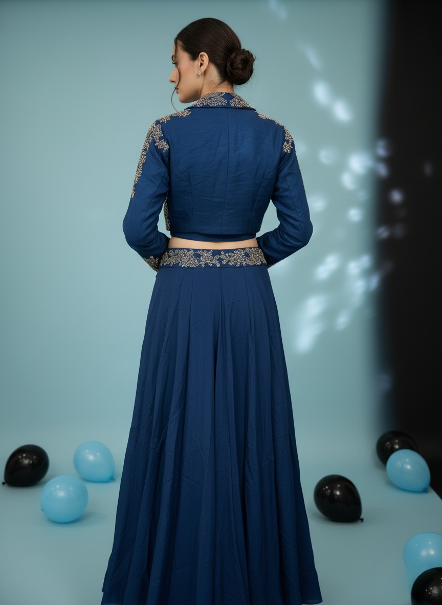 Midnight Blue Embroidered Crop Top with Jacket & Flared Skirt Set