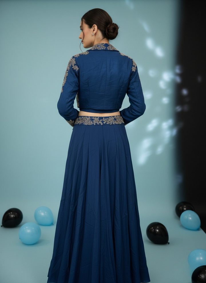 Midnight Blue Embroidered Crop Top with Jacket & Flared Skirt Set