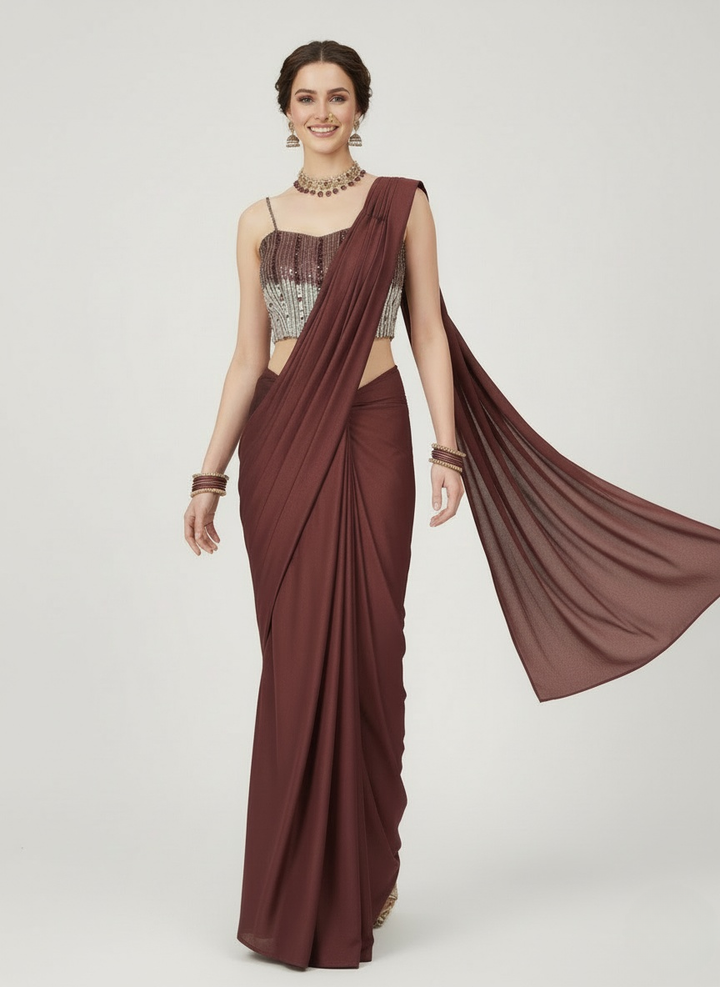 Wine Brown Pre-Draped Saree with Sequin Embellished Blouse