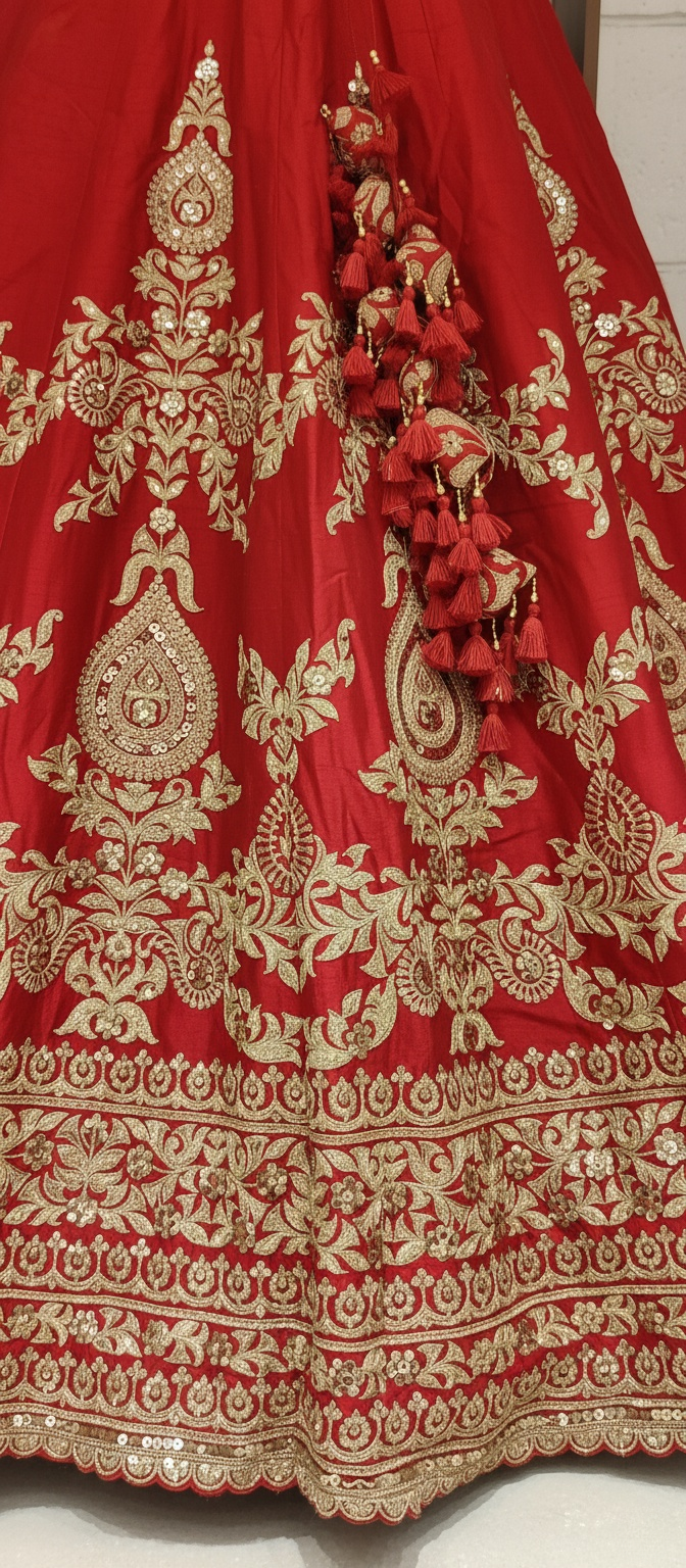 Classic Red Handcrafted Bridal Silk Lehenga with Antique Zari & Sequins Embroidery